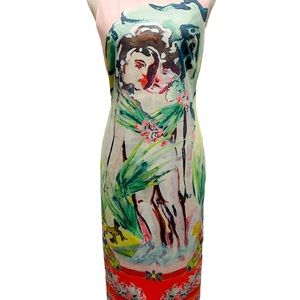 Alice & Olivia Face Floral Multicolor Print Bodycon Midi Dress Sz 8